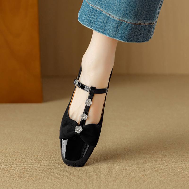 Krazing Pot Sheepskin Summer Size 40 Crystal Low Heels Butterfly-knot Rhinestone Flowers Square Toe Elegant Sweety Pumps