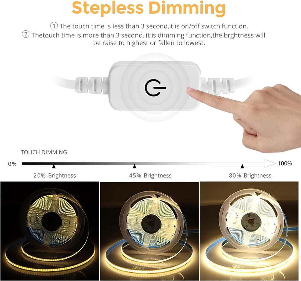 2M COB-LED-Streifen, 5 V USB, dimmbarer COB-LED-Streifen mit Touch-Dimmerschalter für Innen-, Heim- und Küchendekorationsbeleuchtung