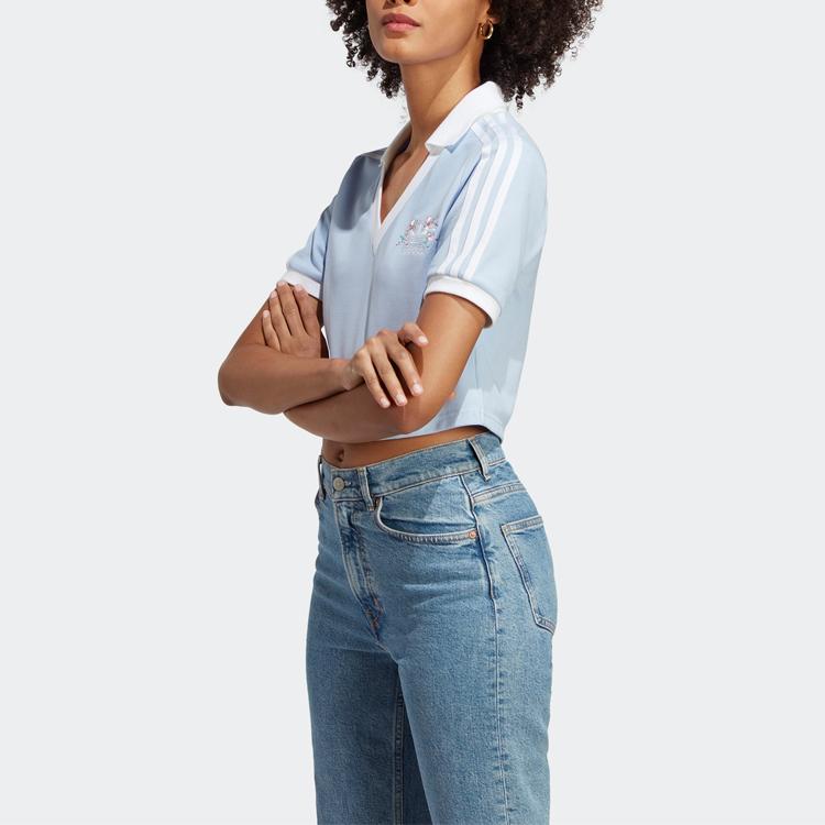 Adidas Ori Trefoil Cherry Blossom Ltd Floral Print Striped Crop Casual Polo Women Tops Light-Pink Blue IP3756