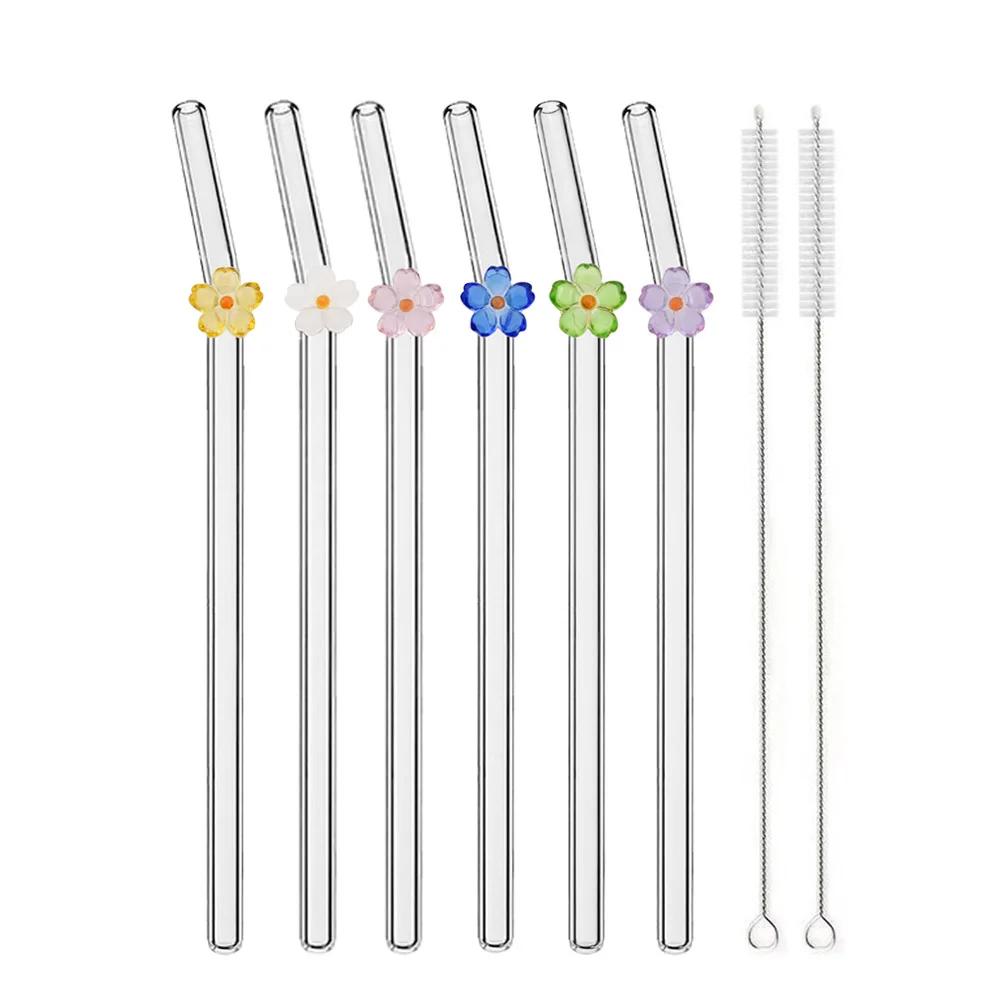 6PCS Reusable Drinking Straws Cute Flower Glass Straws with Cleaning Brush for Coffee Lover Smoothies Frozen Drinks Tea Juice