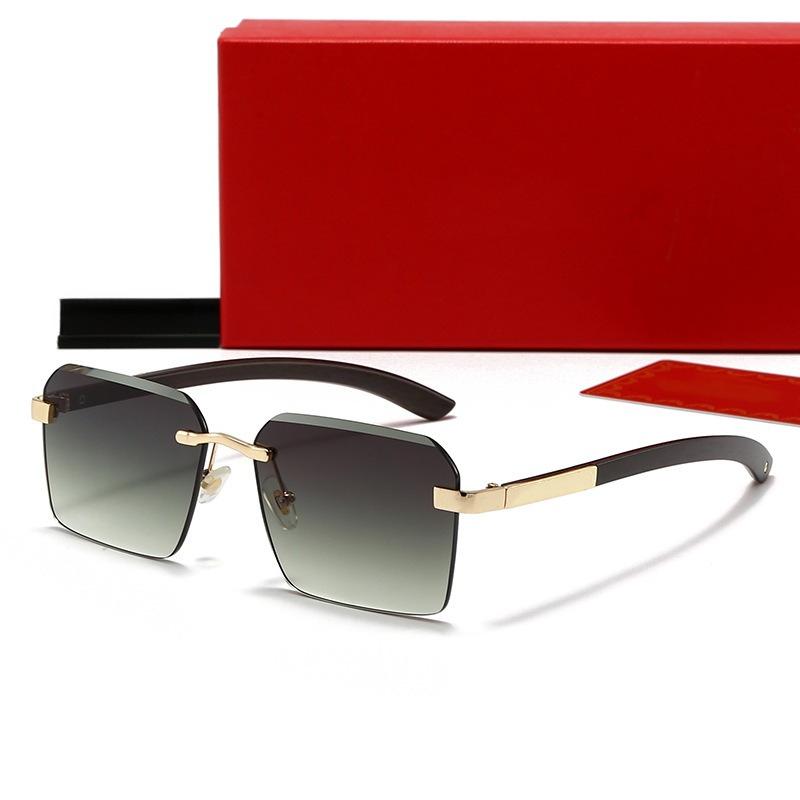 Fashion Rimless Square Sunglasses for Men Women New VintageMetal Frame with Wooden Temple, Classic Retro Shades UV Protection