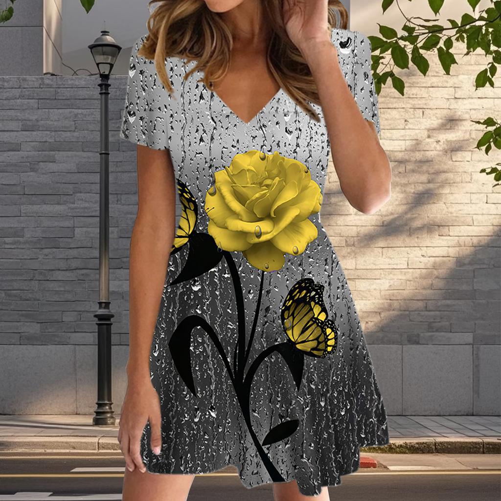 Summer Fashion Women's V Neck Short Sleeve Blooming Flowers Printed  Dress Sex Short Skirt Dresses