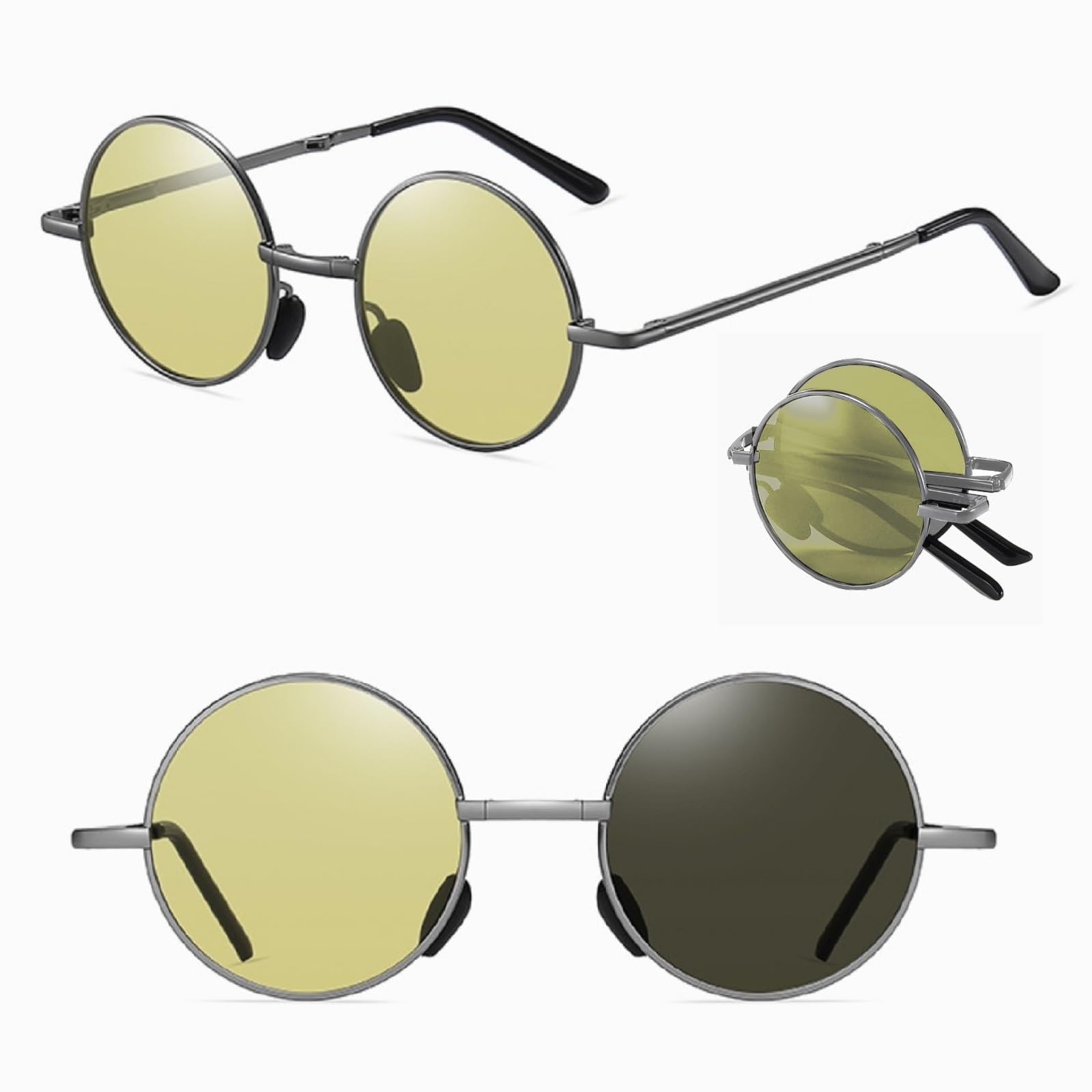 [REONAS] Складные поляризационные фотохромные солнцезащитные очки, круглые очки, защита от УФ, классические круглые очки 2 (Ночное видение)