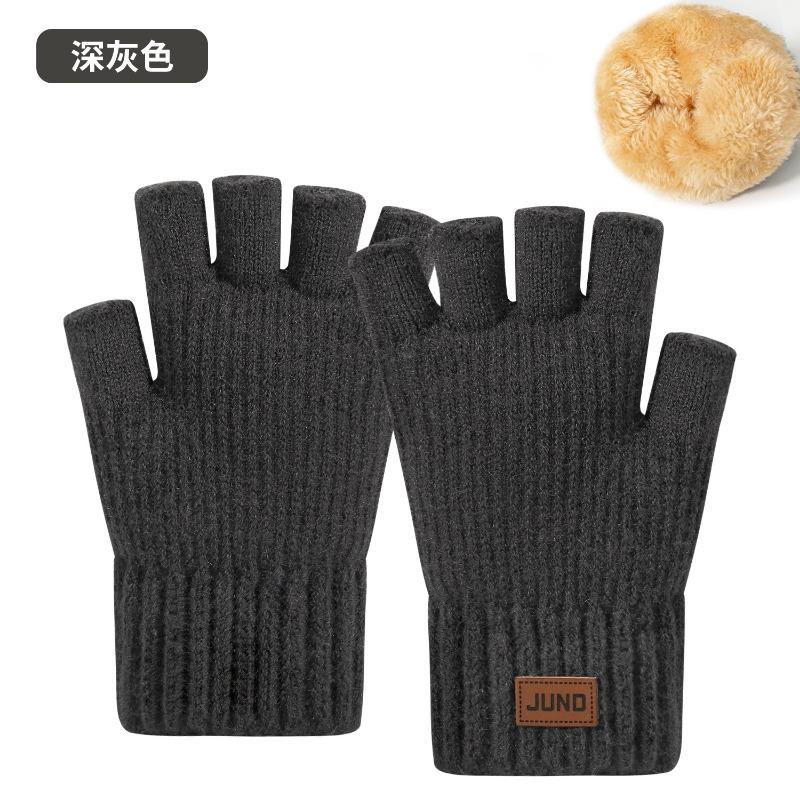 Thickened Half-finger Gloves Autumn and Winter Velvet Knitted Cold-proof and Warm Half-cut Writing Wool Leaking Finger Gloves