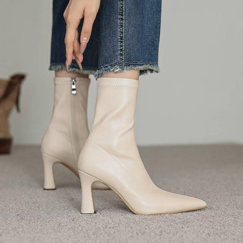 Autumn and winter stretch Martin boots solid color suede super high heel women's leather boots new round head versatile stiletto mid boots