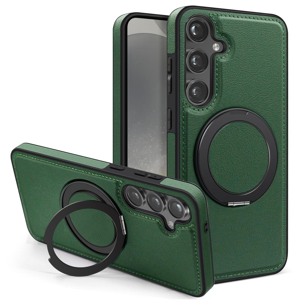 For Samsung Galaxy S24 Case with Ring Kickstand Compatible with MagSafe PU Leather Back Cover