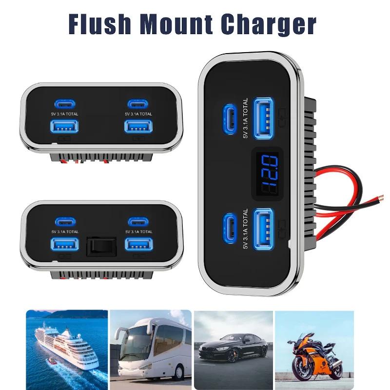 4 Ports Car Charger Socket Panel 12V/24V PD3.0 Type-C Quick Charge & QC3.0 Panel Wall Mount Charger Adapter for Car Bus RV Truck
