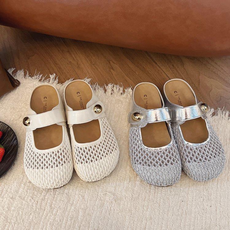 French thick-bottomed mesh breathable bag head half slippers women's summer wear 2025 new non-slip with skirt one-word sandals