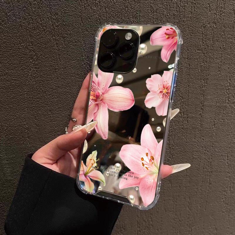Lily Flower Pattern Mirror Soft Phone Case For iPhone 11 12 13 14 15 16 Pro Max XS X XR 7 8 Plus Make Up Mirror Shockproof Cover