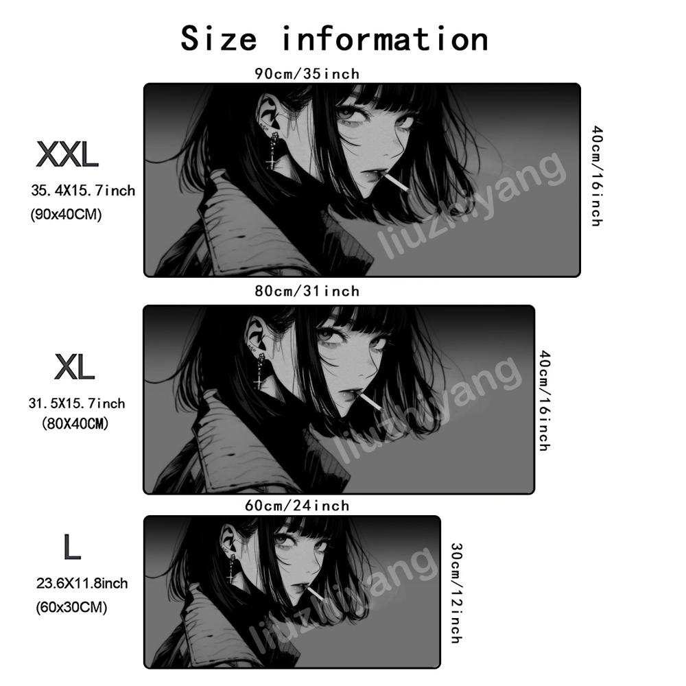 Black Anime Girl Mouse Pad Large Computer Office Game Table Mat Rubber AntiSlip Stitched Edge Keyboard Mats 90x40 Xxl Desk Pads