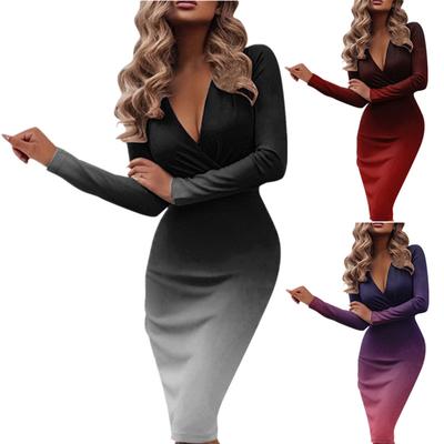 Women's Long Sleeve Sexy Deep V Neck Slim Fit Gradient Dress