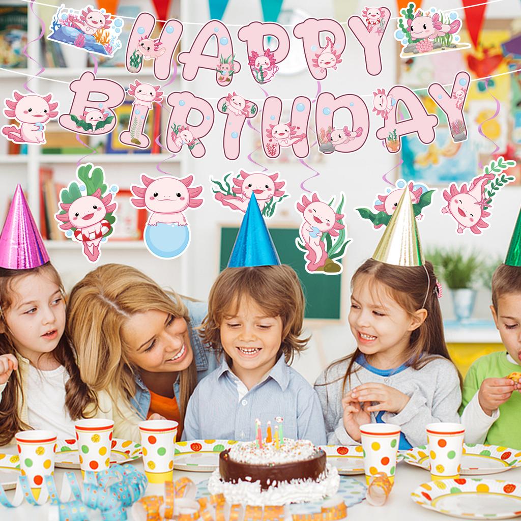 Axolotl Birthday Party Decorations Pink Axolotl Theme Happy Birthday Banners Hanging Swirl Decorations Kit Party Supplies For Bo