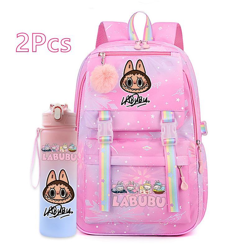 2Pcs/set Cute Printed Backpack with 750Ml Outdoor Sports Water Bottle Student Girl Boy Schoolbag Large Capacity Travel Bag Gift