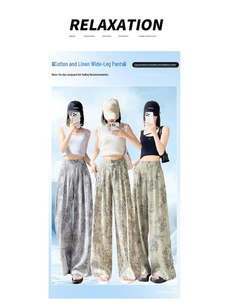 Women's High-Waist Retro Print Wide-Leg Linen Pants - Spring 2026 Collection