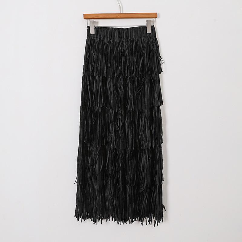 Elegant Rose Red Tassel High-Waisted Skirt for Women