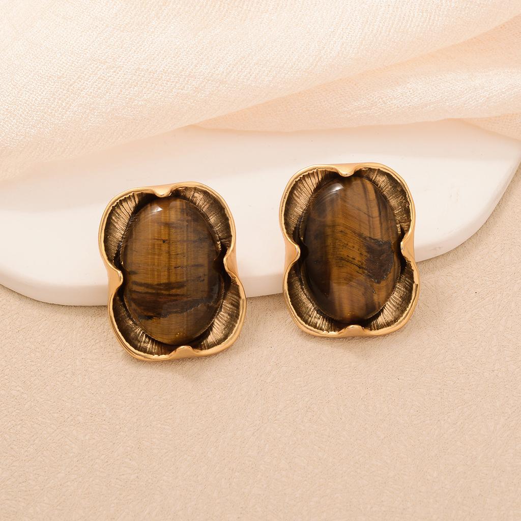 Maillard enamel color big flower stud earrings vintage copper plated medieval gold earrings tiger eye series texture earrings