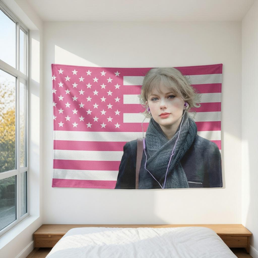 Celebrity Fan Tapestry Aesthetic Pop Music Lover Decor Pink USA Flag Blonde Girl Photo Wall Hanging Bedroom Dorm Gift for Girls