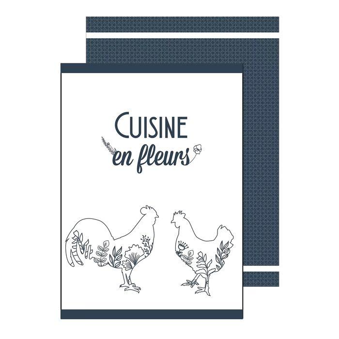 Torchons - Lot De 2 - 50 X 70 Cm - 100% Coton - Motif Coqs Et Fleurs Noir
