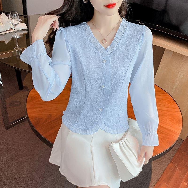 French Jacquard V-neck Shirt Women's Chiffon Long-sleeved Flared Sleeve In Spring and Autumn with Design