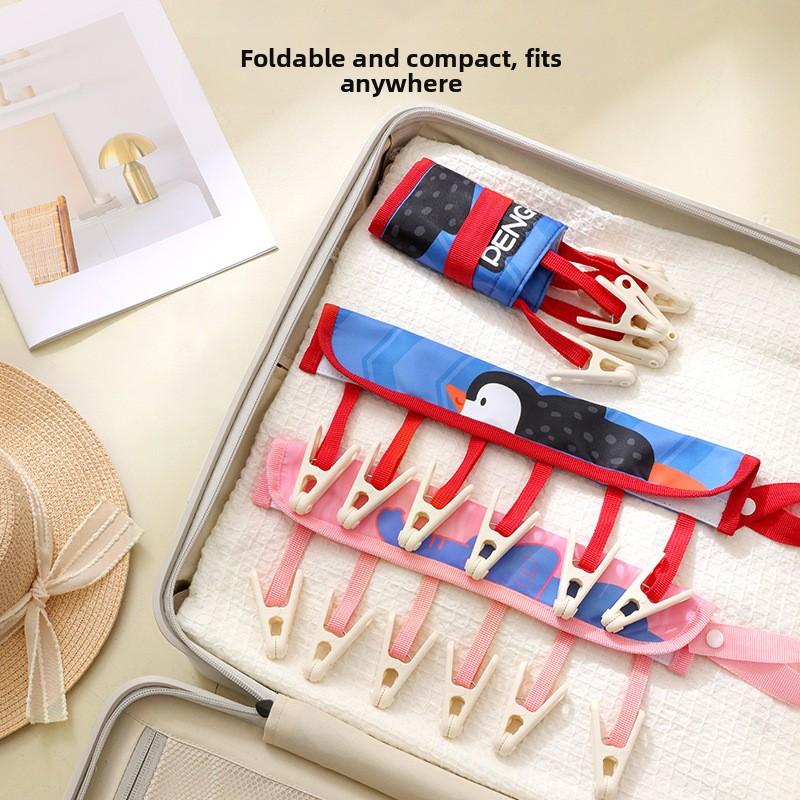 Travel Clothes Hanger with Folding Straps and Clips, Seamless and Anti-slip Inner Pants and Socks, Drying Fabric Clothes Rack