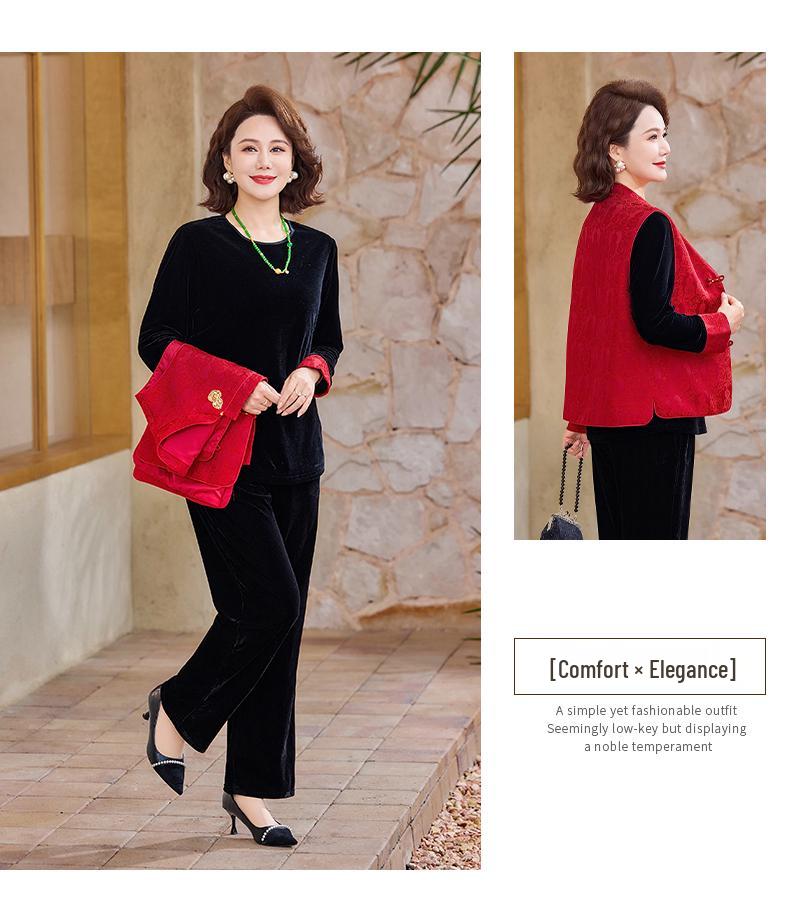 Elegant Velvet Suit Set for Middle-Aged and Elderly Women: Stylish Chinese Vest Jacket for Spring and Autumn