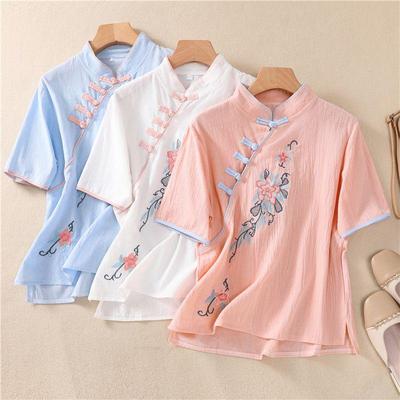 Women's Retro Chinese Cheongsam Cotton Top with Frog Button and Embroidery - Short Sleeve Zen Tea Shirt