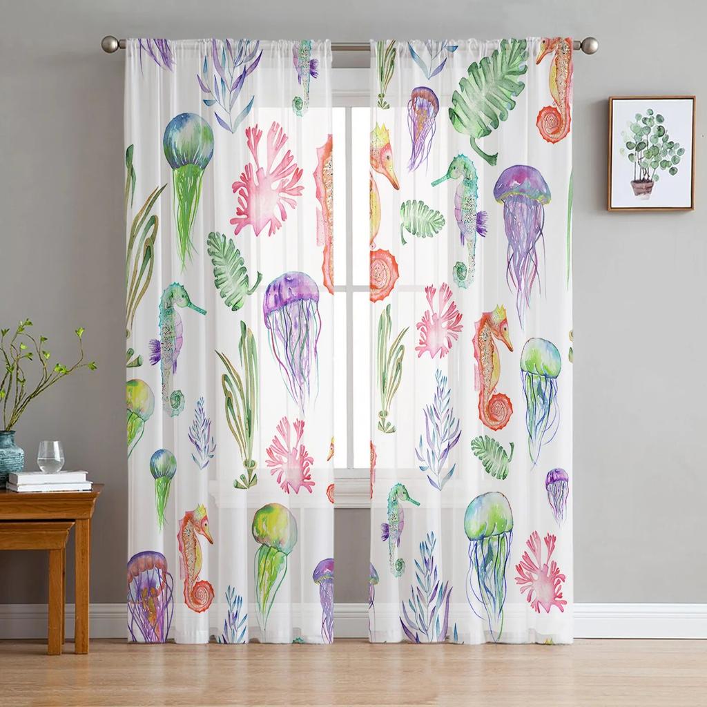 Marine Life Two Seahorses Sheer Curtains for Living Room Voile Curtain Bedroom Bathroom Tulle Curtains Window Drapes