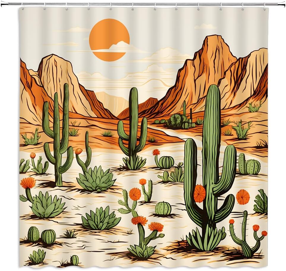 

Western Shower Curtain Cactus Mountain Tropical Desert Landscape Ethnic Denim Bathroom Decorative Fabric Curtain With Hook W60H190(CM)-1 Pcs