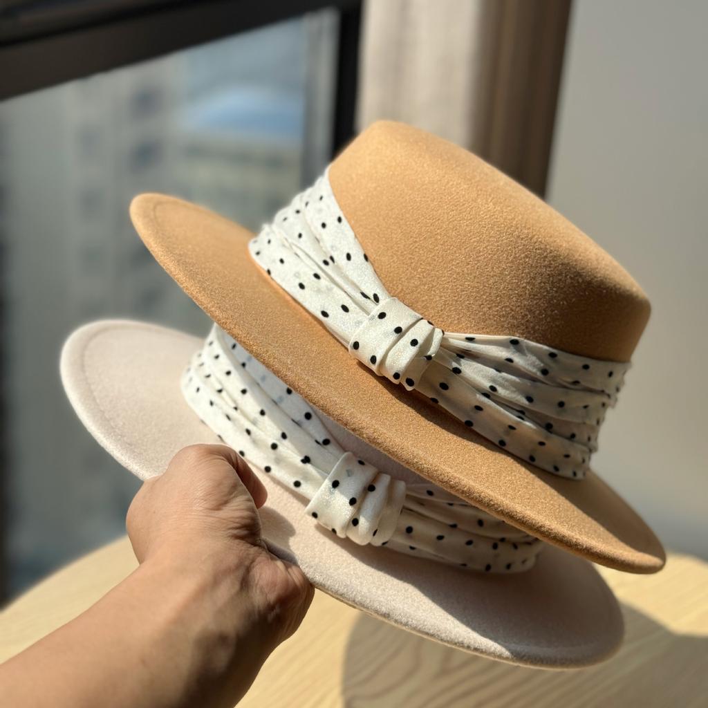 New Polka dot Elegant Flat top Hat for Autumn and Winter High Quality Gold Style Wool Top Hat Showing Face Small Warm Hat for Women