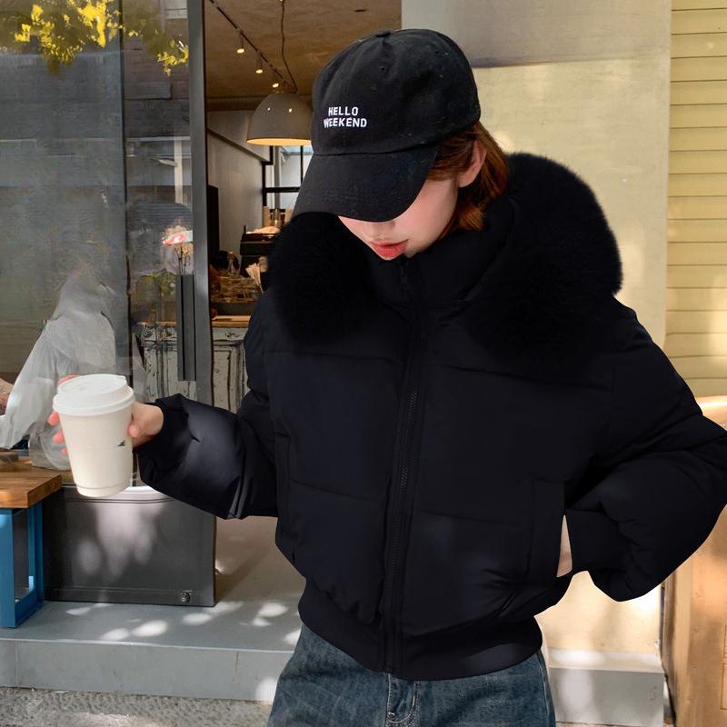 

Темно-синяя хлопковая одежда с капюшоном и меховым воротником, женская зимняя новая короткая хлопковая куртка, одежда-хлеб XL