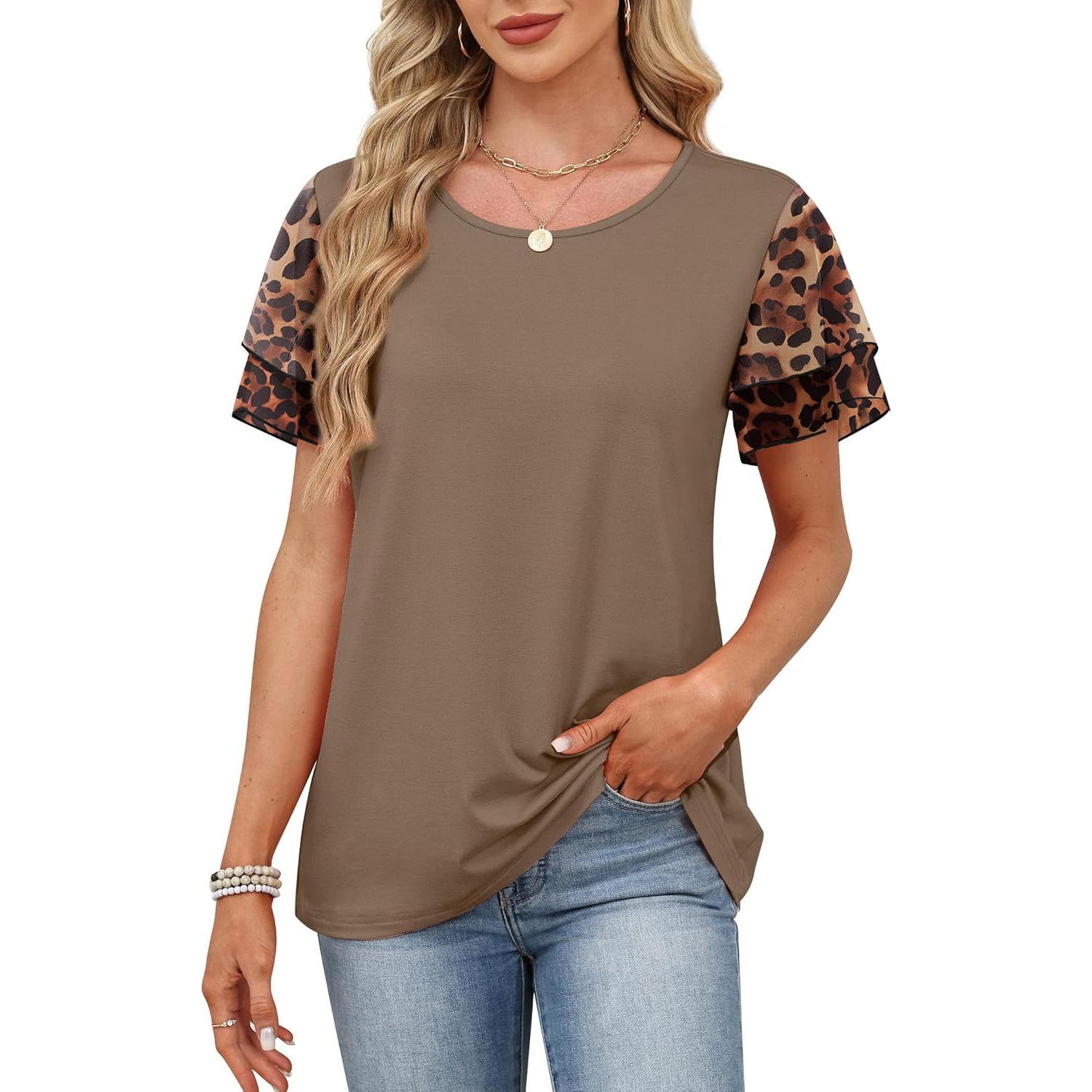European Style Spring and Summer Round Neck Print Casual Short Sleeve Women Clothing S кофейный