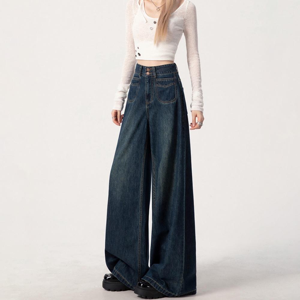 American retro wide-leg jeans spring and autumn washed high-waisted versatile small vertical straight mopping pants