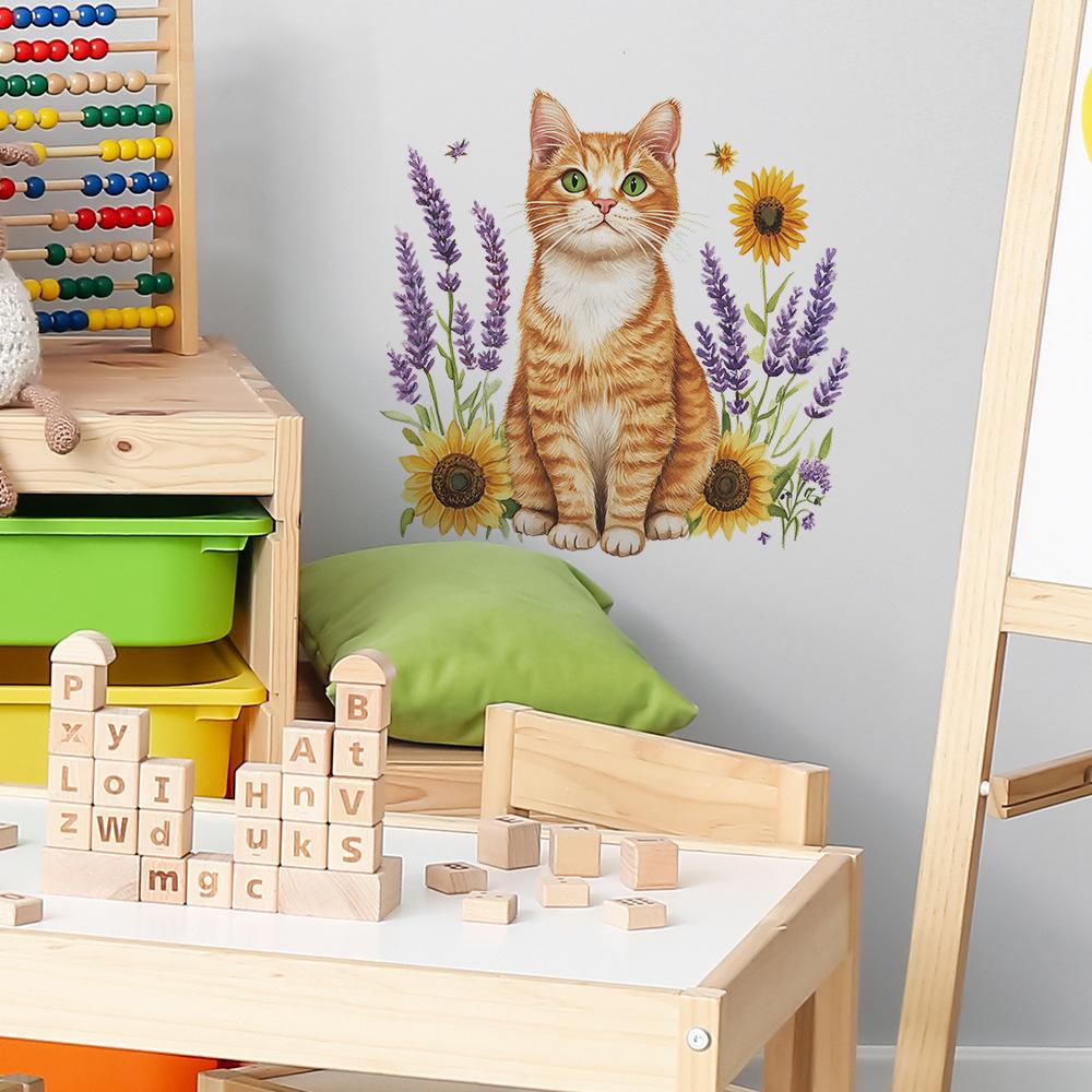 Cartoon Orange Cat Sunflower Lavender Bedroom Living Room Entrance Hall Home Beautification Wall Stickers