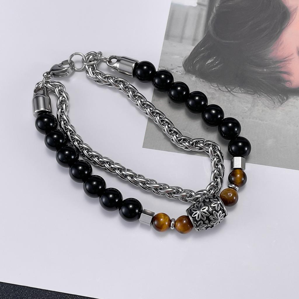 Retro High -End Stainless Steel Double -Layered Black Onyx Tiger Eye Stone Men 'S And Women 'S Bracelets 
