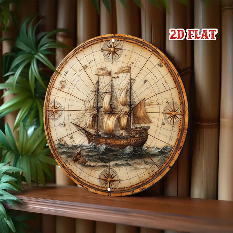Vintage Nautical Compass Metal Sign Old World Map Aluminum Wall Art Frameless Sailing Ship Decor for Living Room x Inch Gi