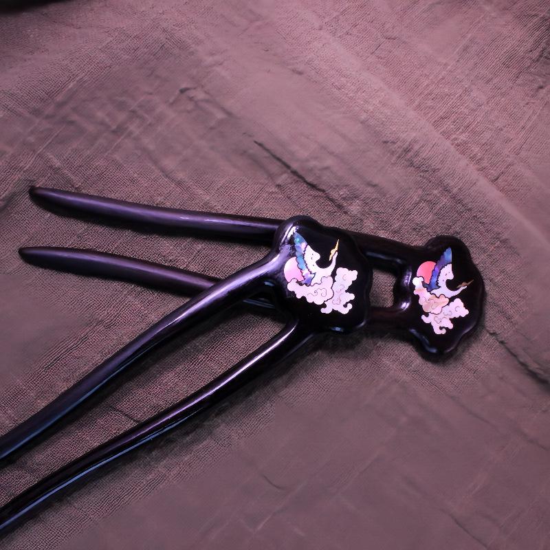 Chinese Black Ebony U-Shaped Hairpin with Mother-of-Pearl Inlaid Crane Design - Classical Hanfu Qipao Accessory