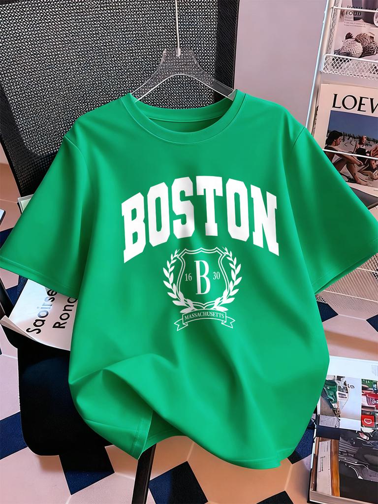 Boston 1630 Persönlichkeit Kunst Drucke Kurzarm T-Shirts Damen Baumwolle Sommer T-Shirts Weich Locker Rundhals Oberteile Basic Kleidung