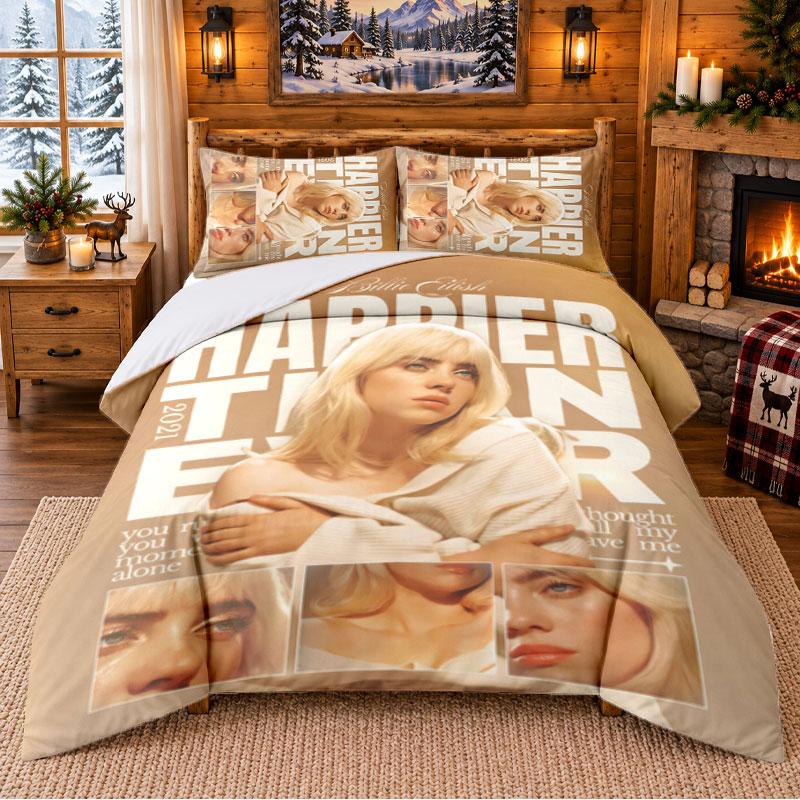 Billie Eilish Muster Bettwäsche 3-teiliges Set Bettlaken und Kissenbezüge für Schlafzimmer 140cmx210cm