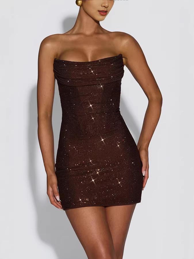 Women's Sleeveless Sequined Off-shoulder Hip-hugging Dress with Lace-up Detail 8227
