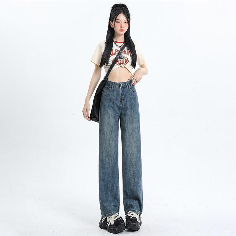 

Ретро прямые джинсы для женщин Весна и Лето Новые с высокой талией, облегающие, свободные, драпированные широкие брюки в пол XXL