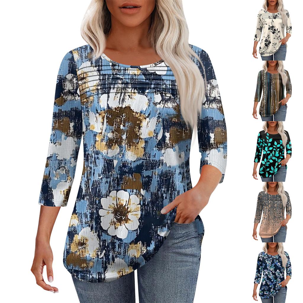 Women's Fashion Round Neck Pleated Front Placket 3/4 Sleeve Top