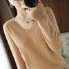 Korean Style V-Neck Long Sleeve Knitted Sweater for Women - Autumn/Winter Solid Color Loose Fit Pullover Top