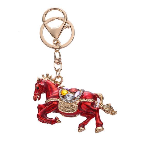 Keychain Pendant Chinese Style Rhinestones-Encrusted Oil Painting 3D Zodiac Horse Design Key Chain Metal