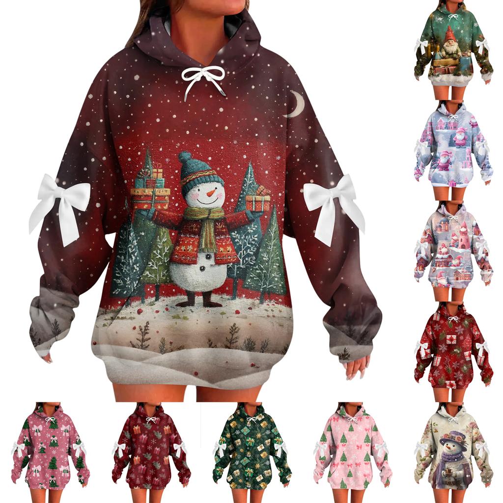 Ladies' Christmas Printed Bow Long Sleeved Loose Fitting Headband With Rope Hooded Sweatshirt Top