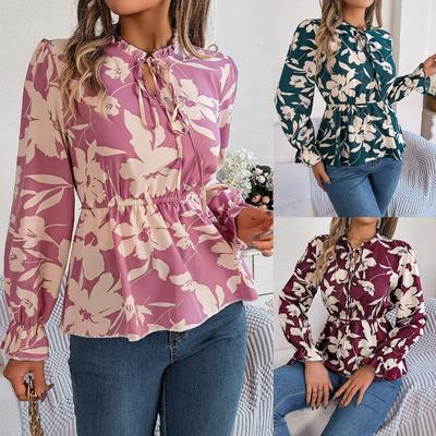 Nuevo top de gasa de manga larga con encaje floral informal de primavera y verano
