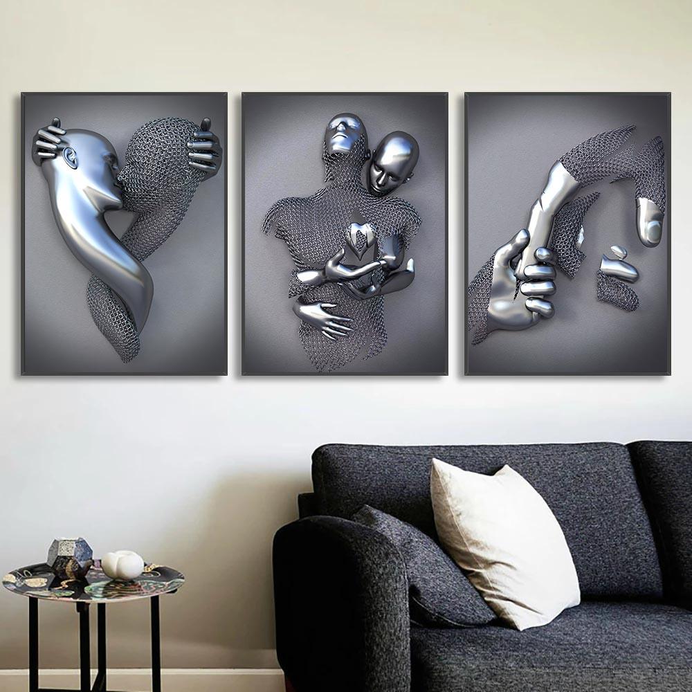 Love Couples Poster 3D Metal Figure Statue Canvas Painting Human Body Sculpture Wall Art Printing Picture for Home Room Decor