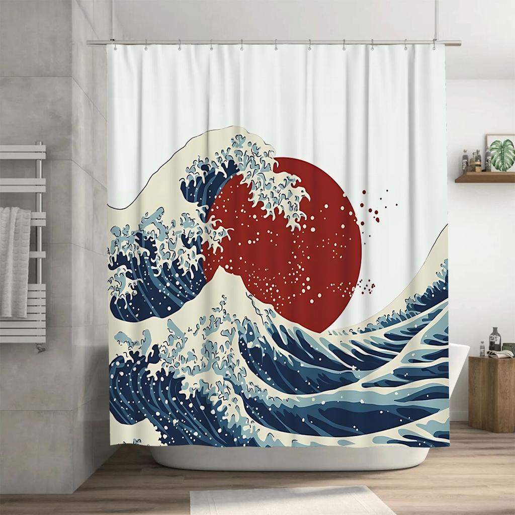 Die große Welle vor Kanagawa Duschvorhang Japanischer Stil Badezimmerdeko Kunstdruck Wasserdichter Polyesterstoff Badvorhang