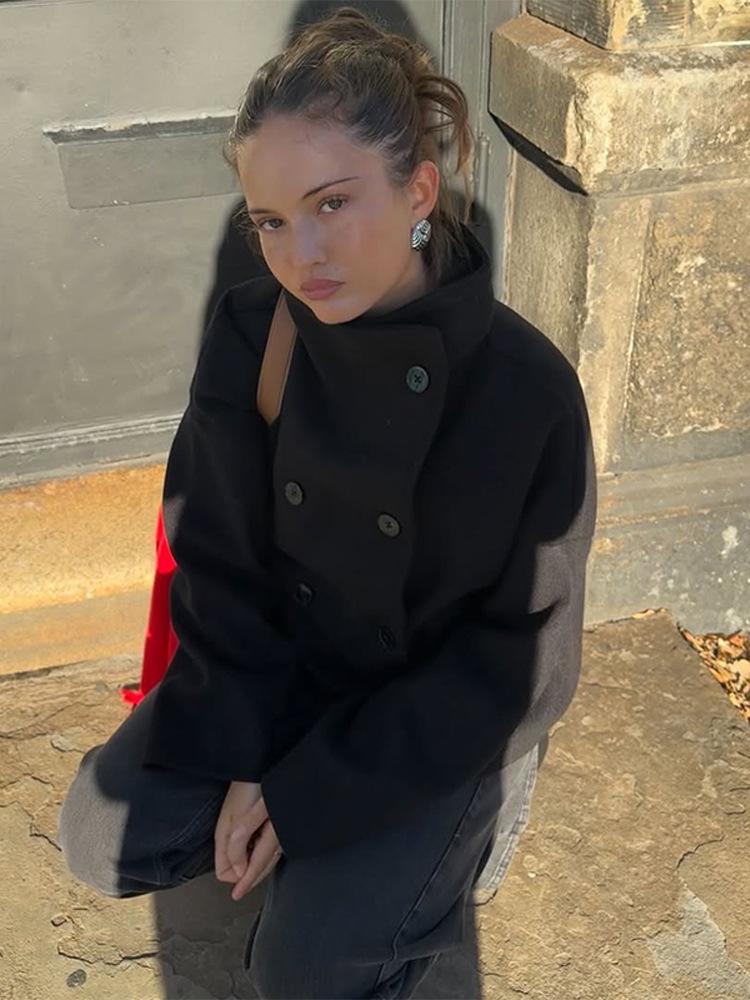 2025 Autumn/Winter Women's Solid Color Double-Breasted Wool Coat with Stand-Up Collar