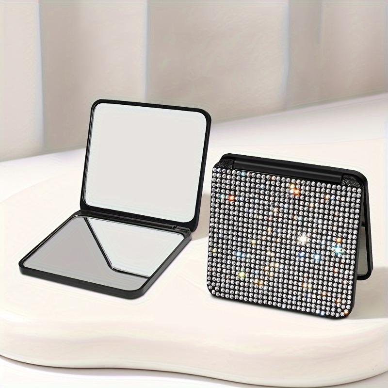 Sparkling Rhinestone Portable Folding Makeup Mirror - Dual-Sided, Square Design for Purses & Handbags, No Battery Needed