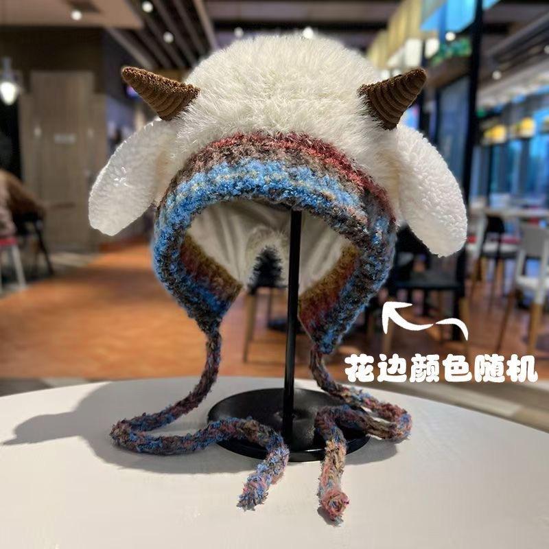 Korean style cute woolen hat for women, warm knitted hat with straps and ear flaps, popular outdoor beanie for autumn and winter.